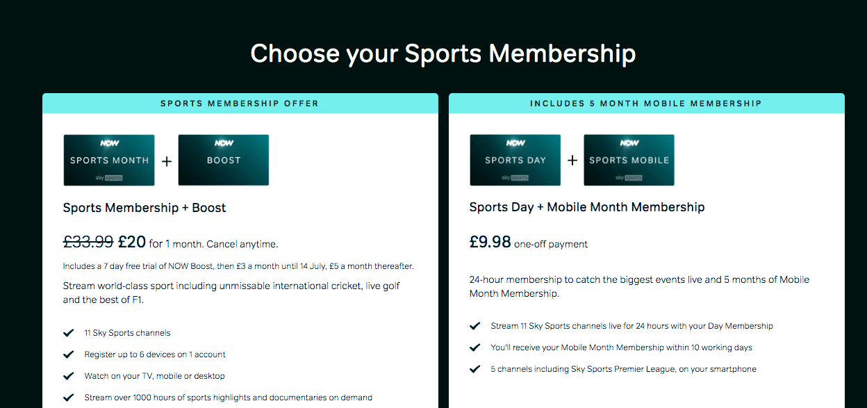 SkySports Subscription Package via Now TV