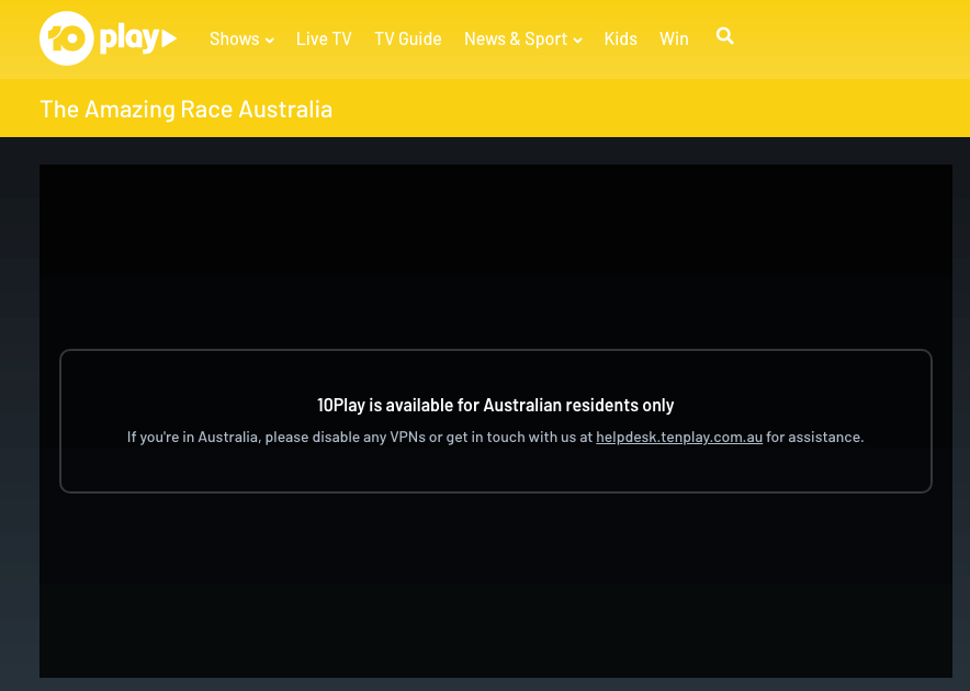 TenPlay geo-location error while trying to watch without a VPN or with Free VPN