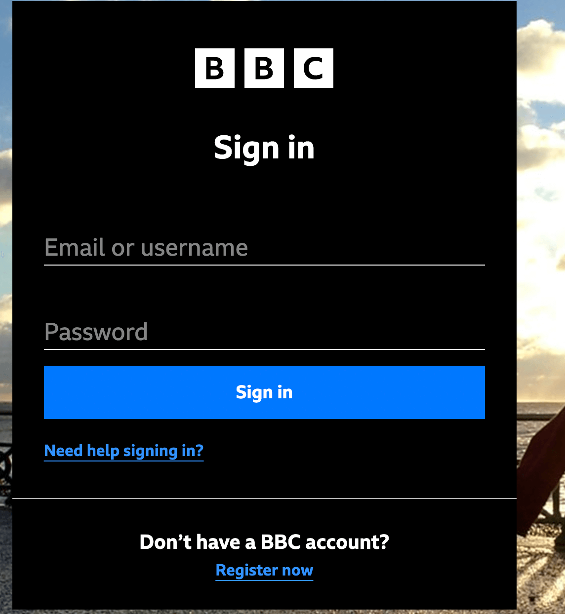 click on sClick on Register Now - how to get BBC iPlayer in Canada