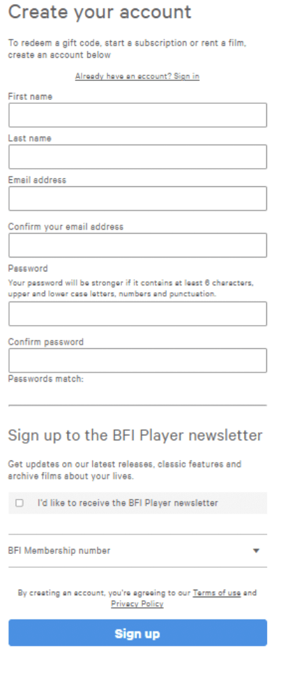 How to get BFI Player Account in Canada step 2