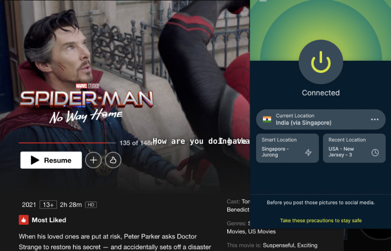 Watching Spider-Man No Way Home on Netflix in Canada using a VPN
