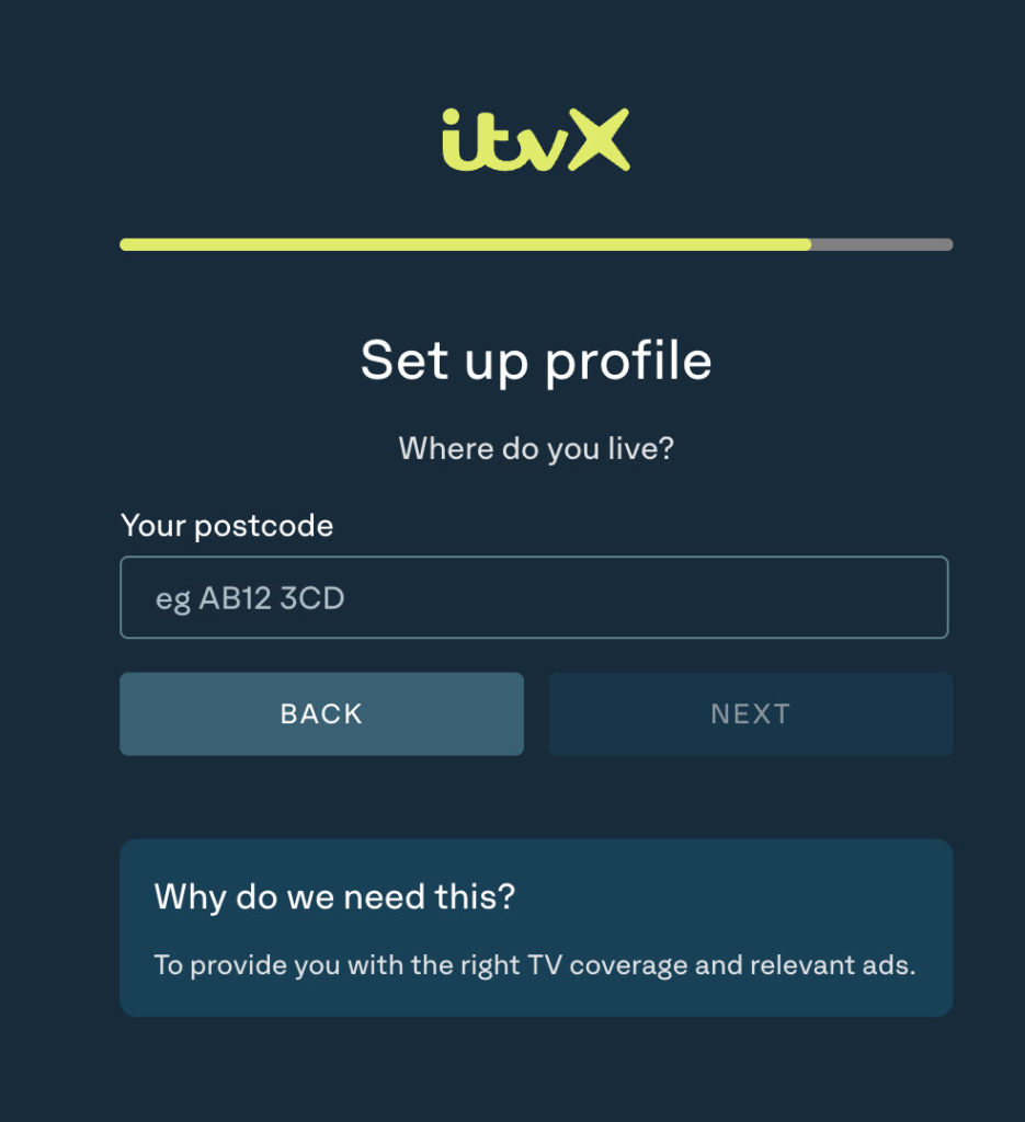 Illustration of entering postal code to sign up and watch ITVX in Canada