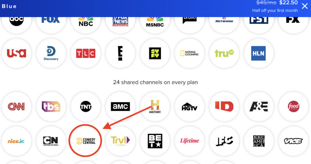 screenshot of Sling TV Blue plan that offers Comedy Central 