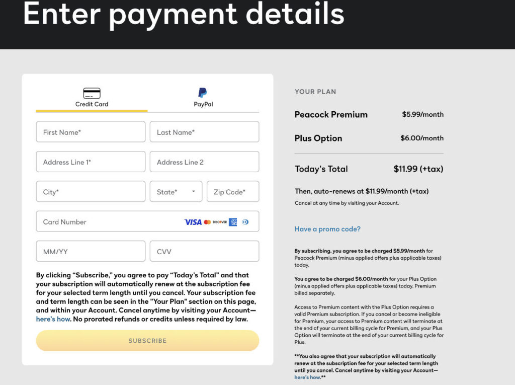 Illustration of entering payment details to subscribe for Peacock TV in Canada