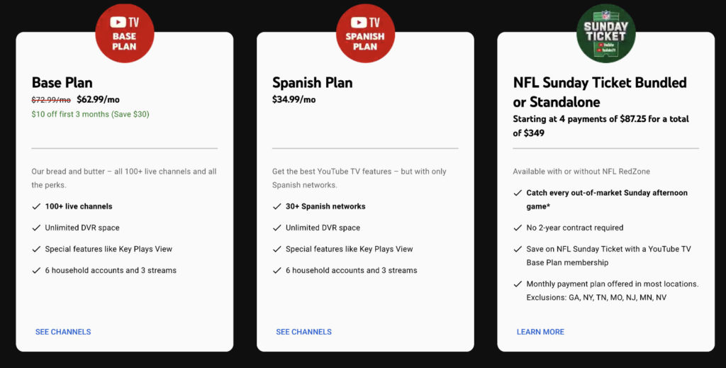 Illustration of Youtube TV plan and pricing.